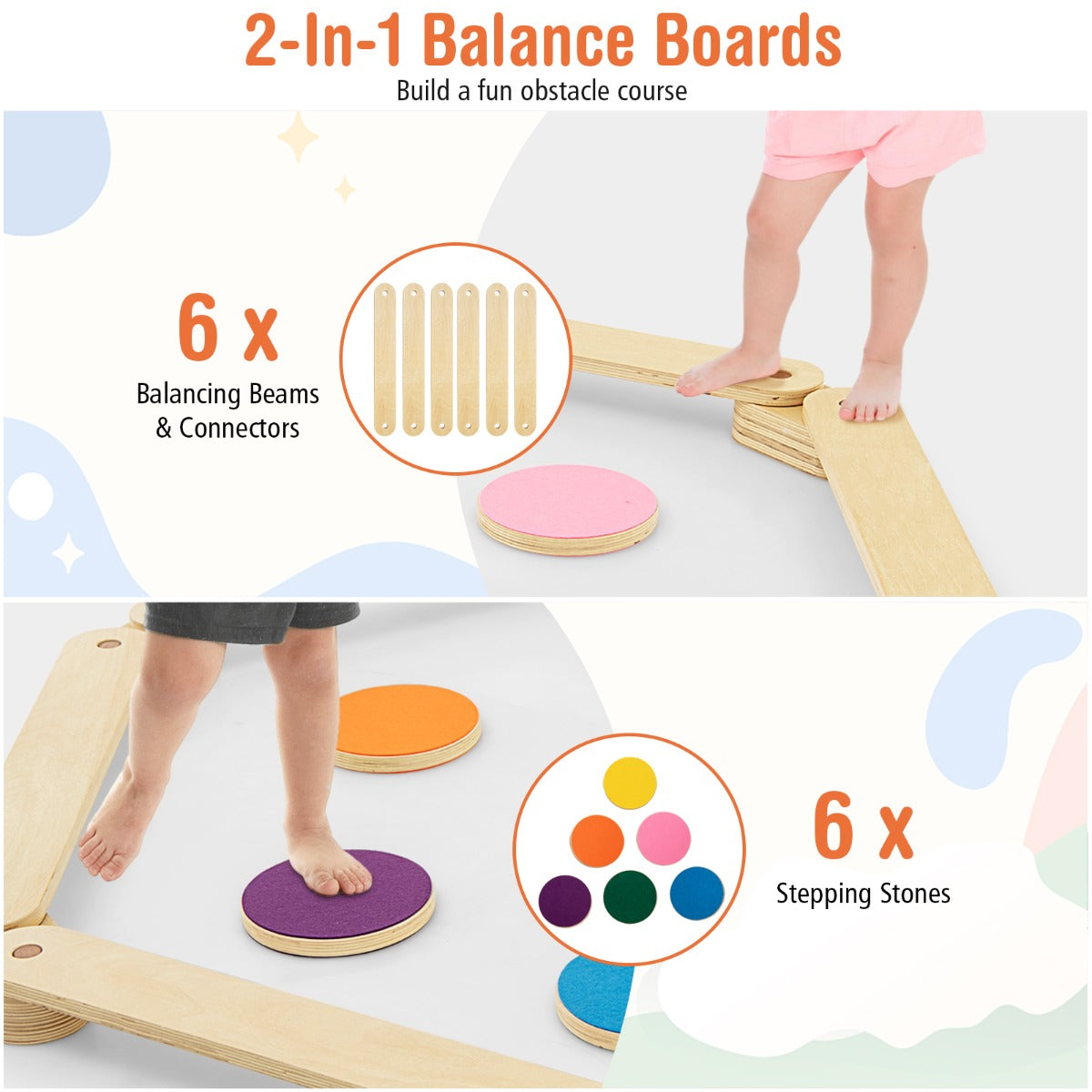 12 Pcs Kids Wooden Balance Beam with Colorful Steeping Stones