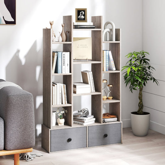 12-Tier Wooden Bookshelf with Folding Drawer for Study Living Room-Grey