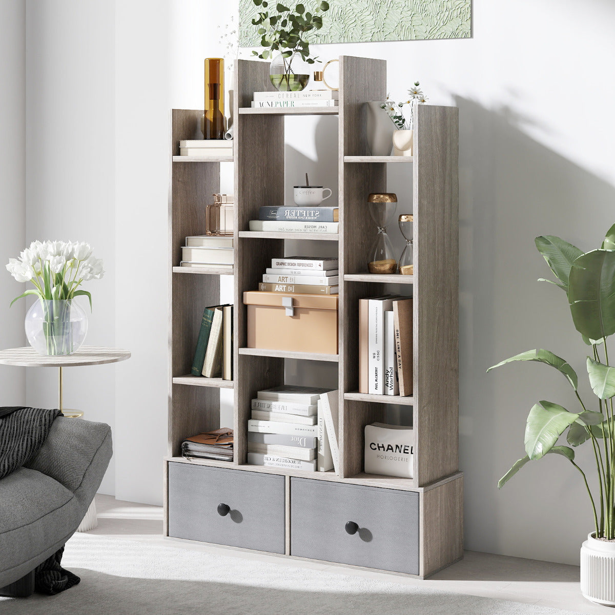 12-Tier Wooden Bookshelf with Folding Drawer for Study Living Room-Grey