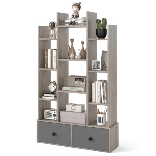 12-Tier Wooden Bookshelf with Folding Drawer for Study Living Room-Grey