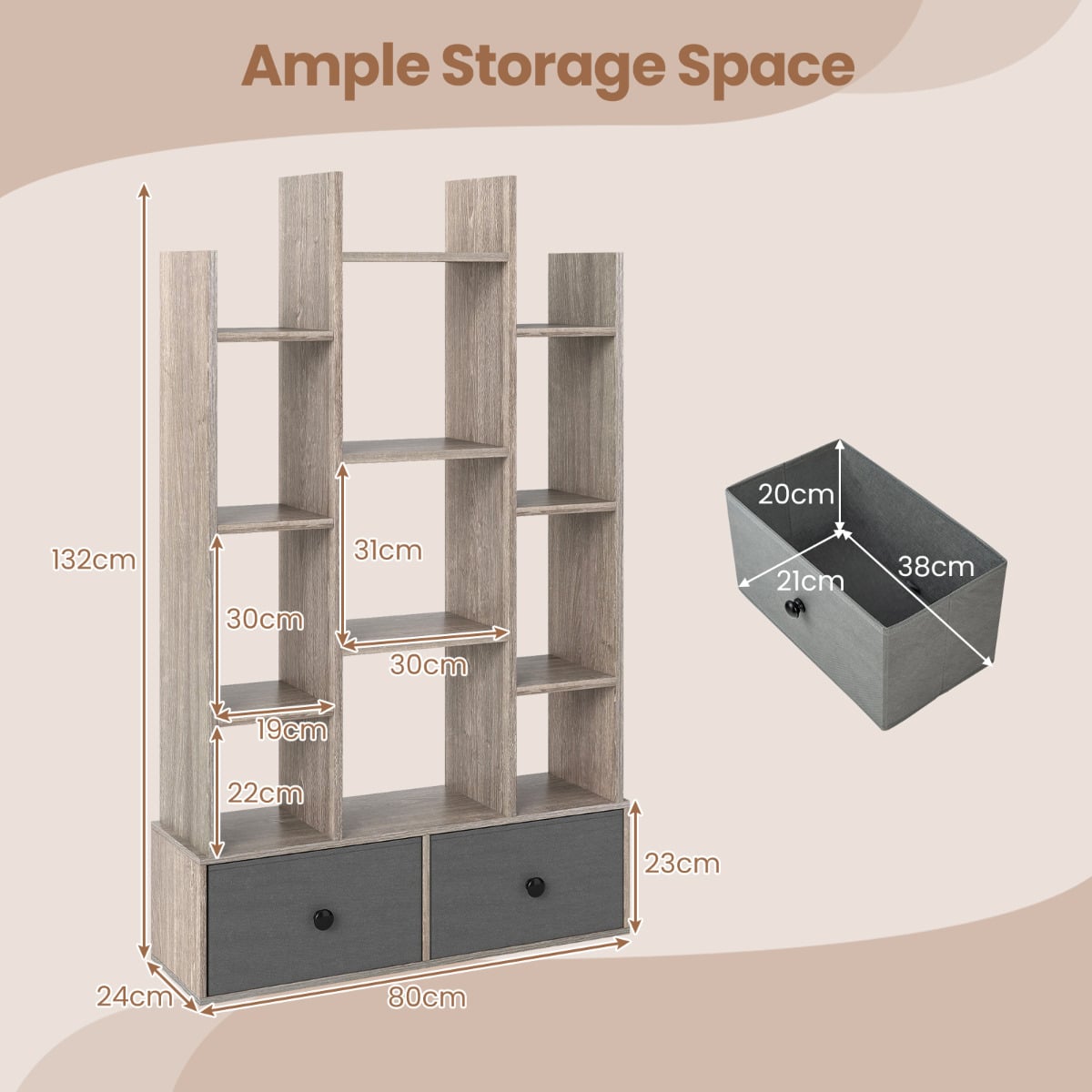 12-Tier Wooden Bookshelf with Folding Drawer for Study Living Room-Grey