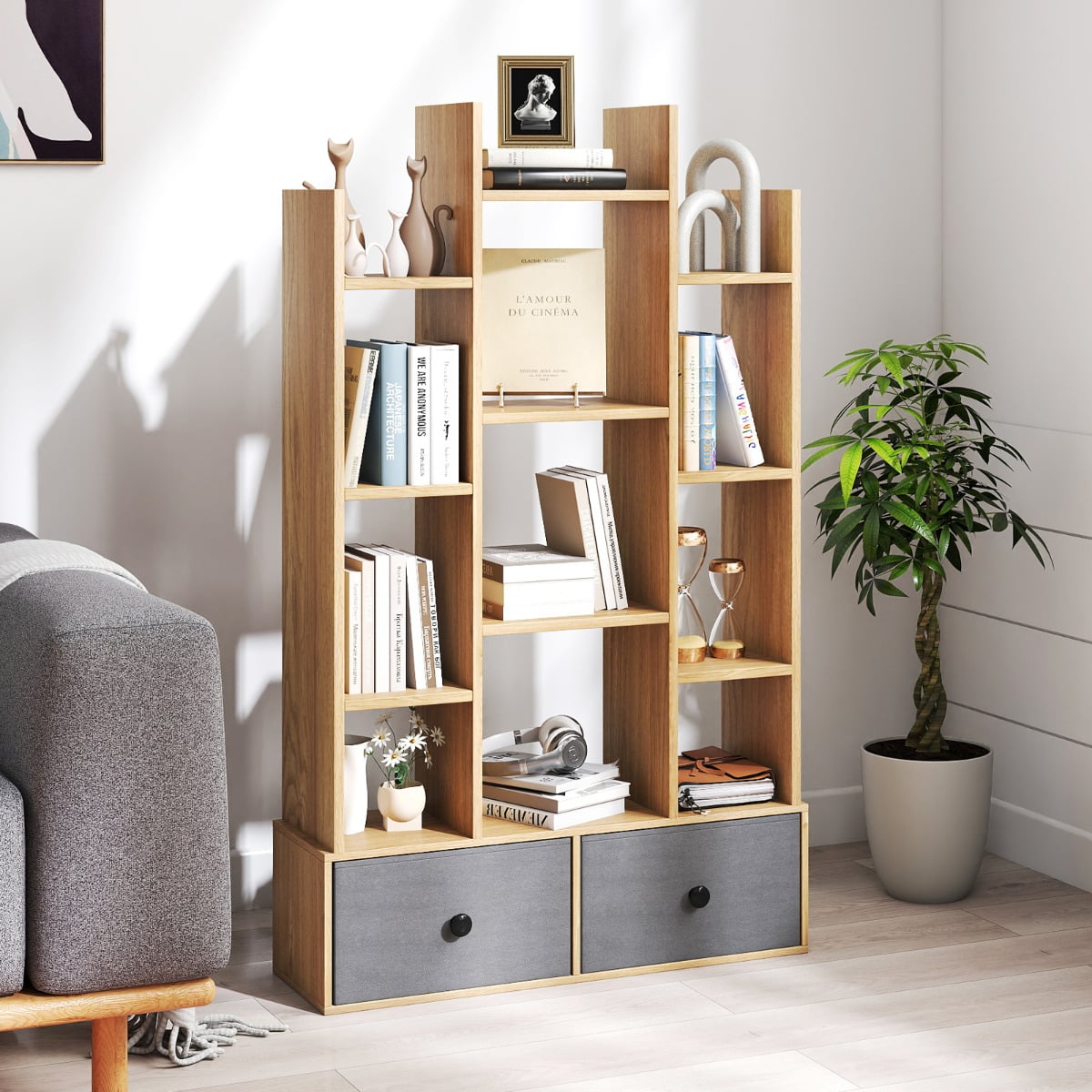 12-Tier Wooden Bookshelf with Folding Drawer for Study Living Room-Natural