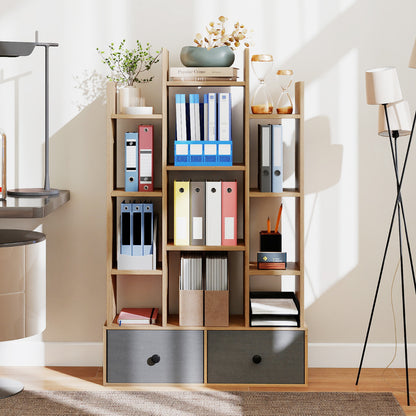 12-Tier Wooden Bookshelf with Folding Drawer for Study Living Room-Natural
