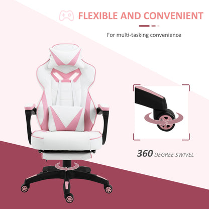 Vinsetto Gaming Chair Ergonomic Reclining w/ Manual Footrest 5 Wheels Stylish Office Pink