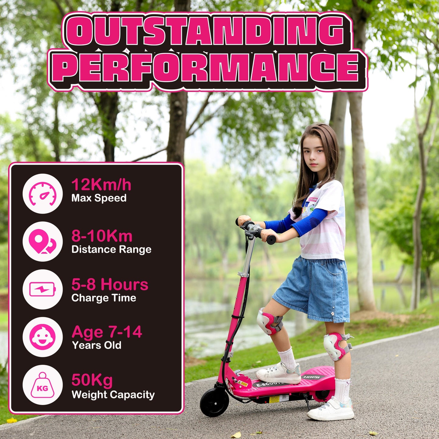 HOMCOM Folding Electric Kids Scooter Ride on Age 7-14, Pink