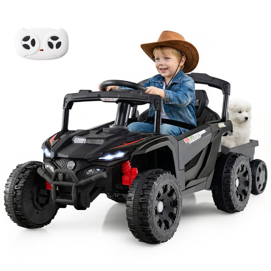 12V Battery Powered Ride On Kids Tractor with Detachable Trailer-Black