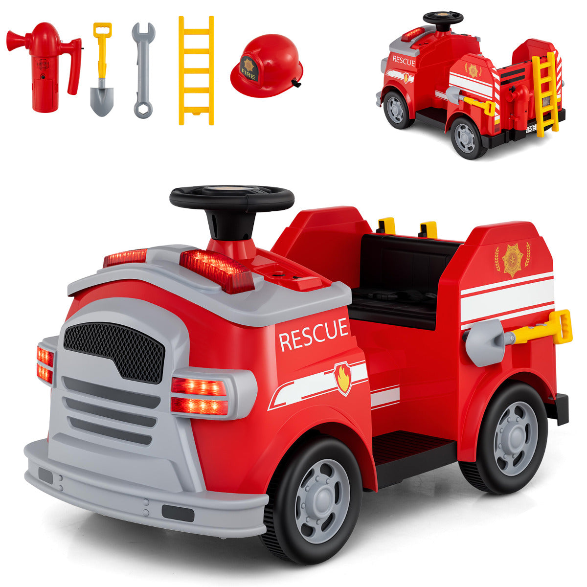 12V Kids Ride on Fire Truck with Shovel and Wrench-Red