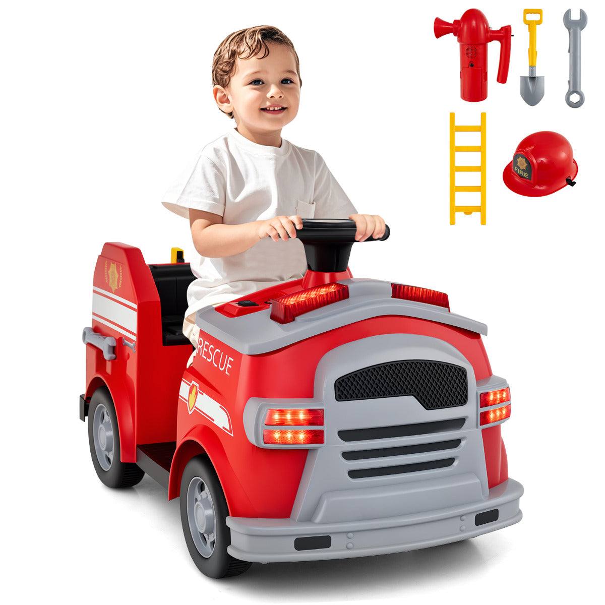 12V Kids Ride on Fire Truck with Shovel and Wrench-Red