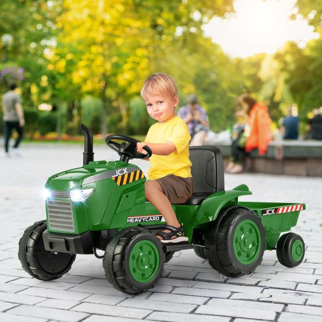 12V Kids Ride On Tractor with Trailer with Remote Control and Lights and Horn-Dark Green
