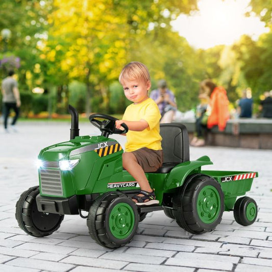 12V Kids Ride On Tractor with Trailer with Remote Control and Lights and Horn-Dark Green