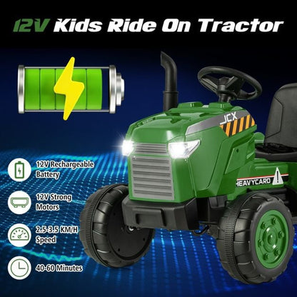 12V Kids Ride On Tractor with Trailer with Remote Control and Lights and Horn-Dark Green