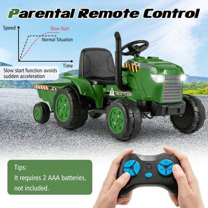 12V Kids Ride On Tractor with Trailer with Remote Control and Lights and Horn-Dark Green