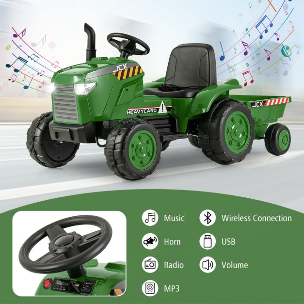 12V Kids Ride On Tractor with Trailer with Remote Control and Lights and Horn-Dark Green