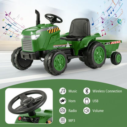 12V Kids Ride On Tractor with Trailer with Remote Control and Lights and Horn-Dark Green