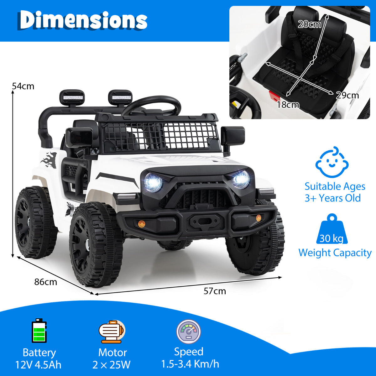 12V Kids Ride on Truck Car with Remote Control for Kid Over 3 Years Old-White
