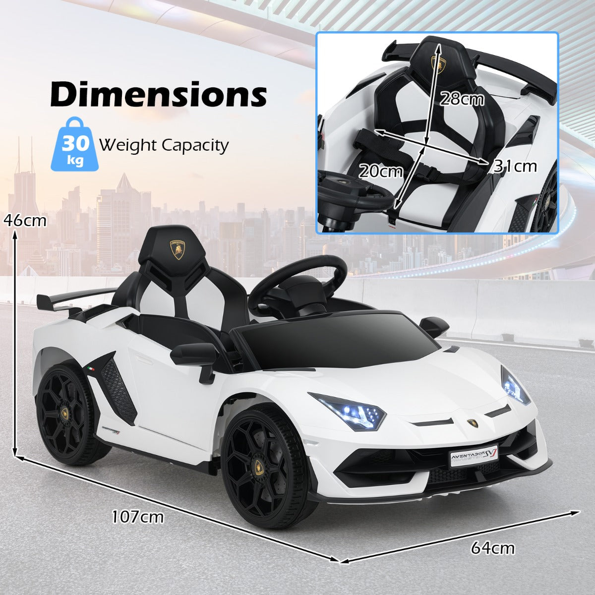 12V Licensed Lamborghini Kids Ride on Car with Remote Control-White