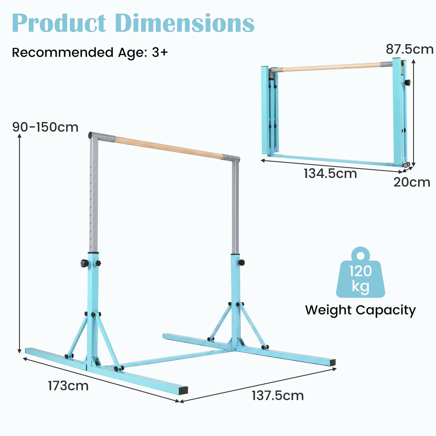 13-Level Adjustable Heights Foldable Gymnastics Bar for Kids-Green