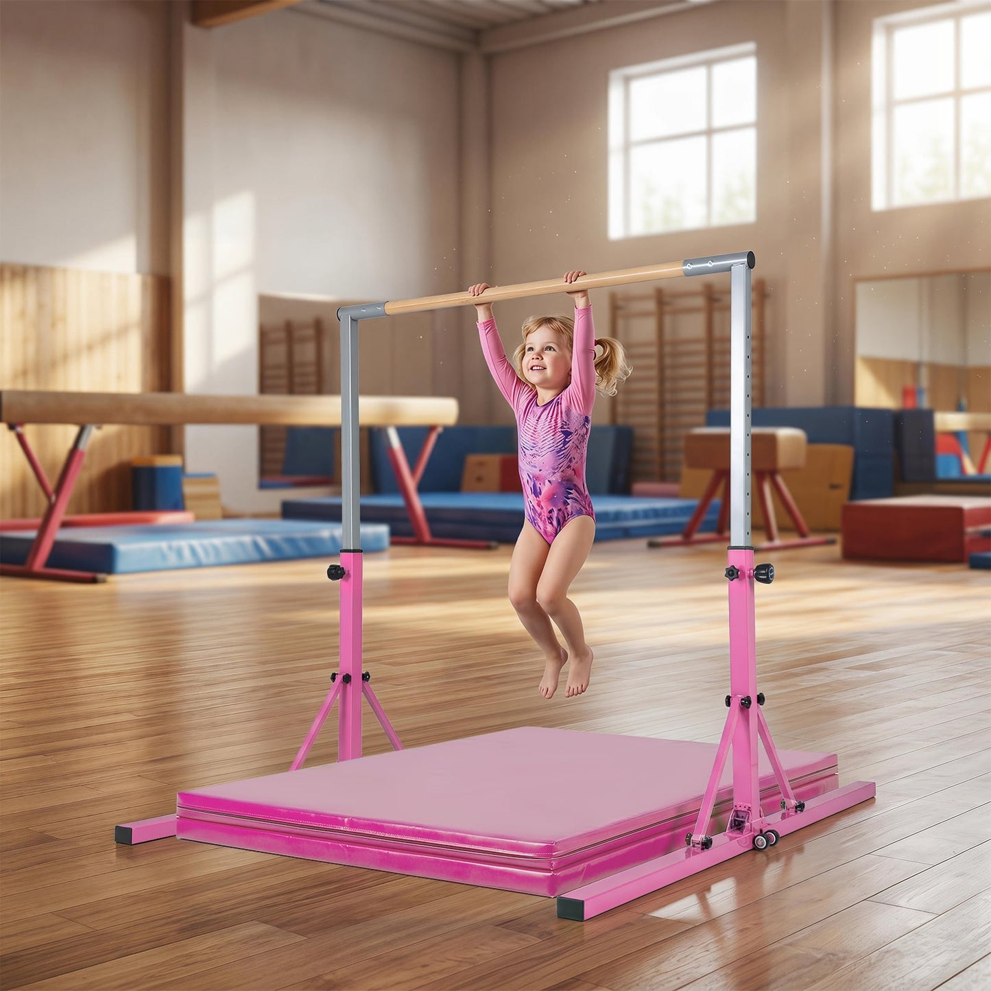 13-Level Adjustable Heights Foldable Gymnastics Bar for Kids-Pink