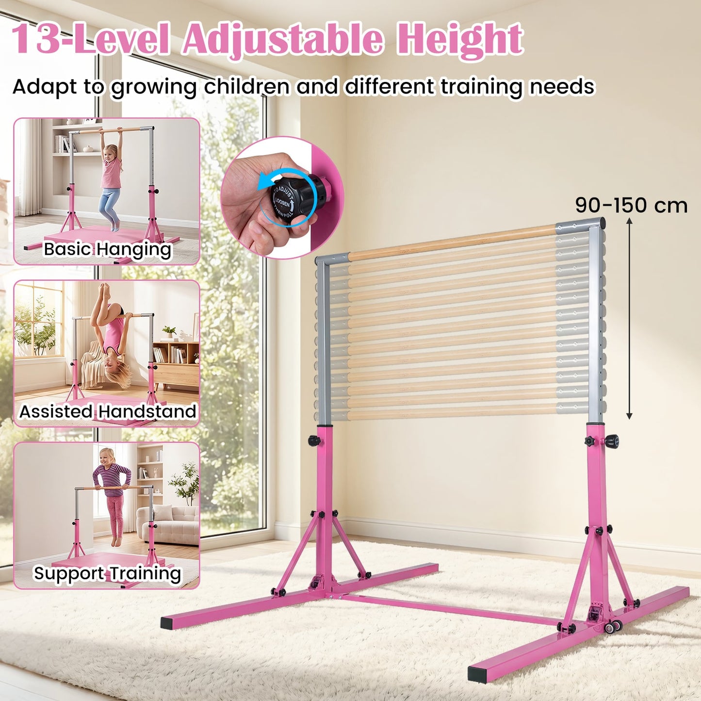 13-Level Adjustable Heights Foldable Gymnastics Bar for Kids-Pink