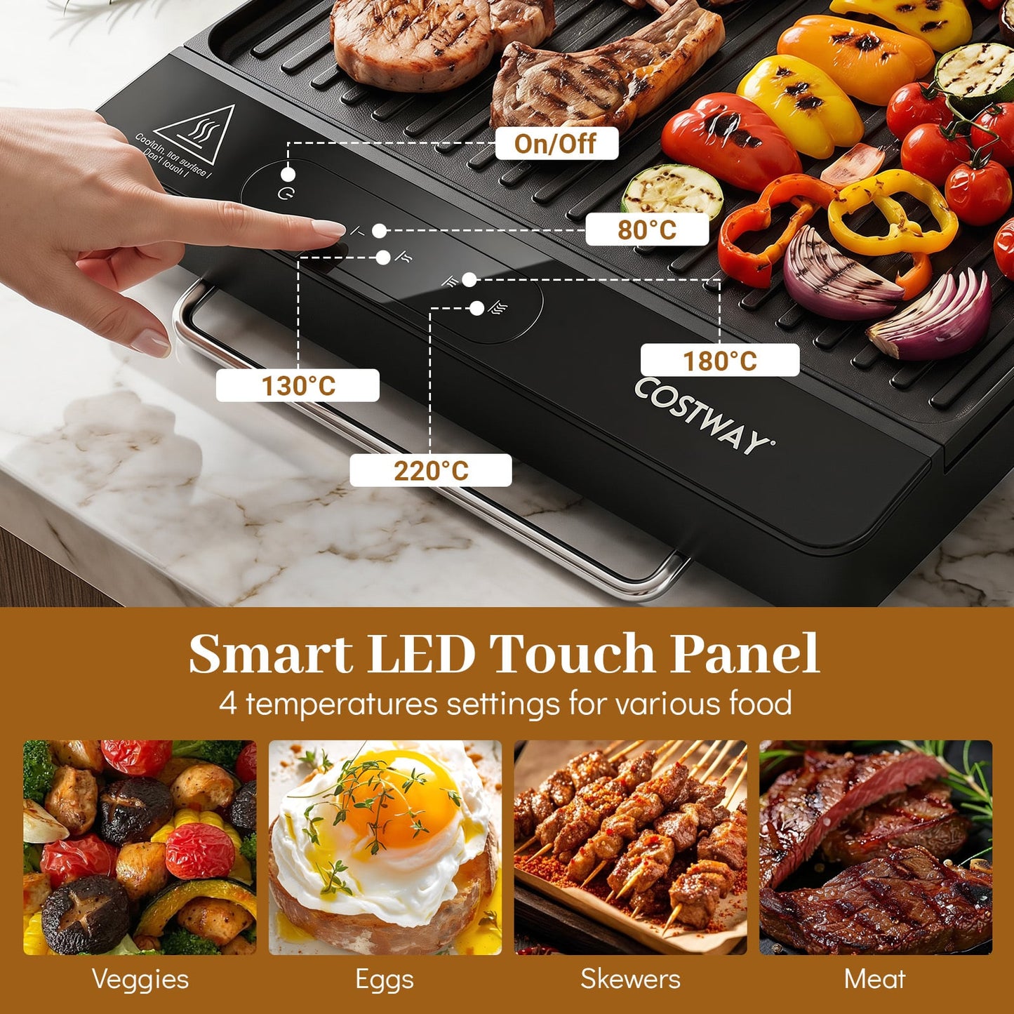 1300W BBQ Electric Teppanyaki Grill with Removable Touch Panel and 2 Nonstick Cooking Zones-Black