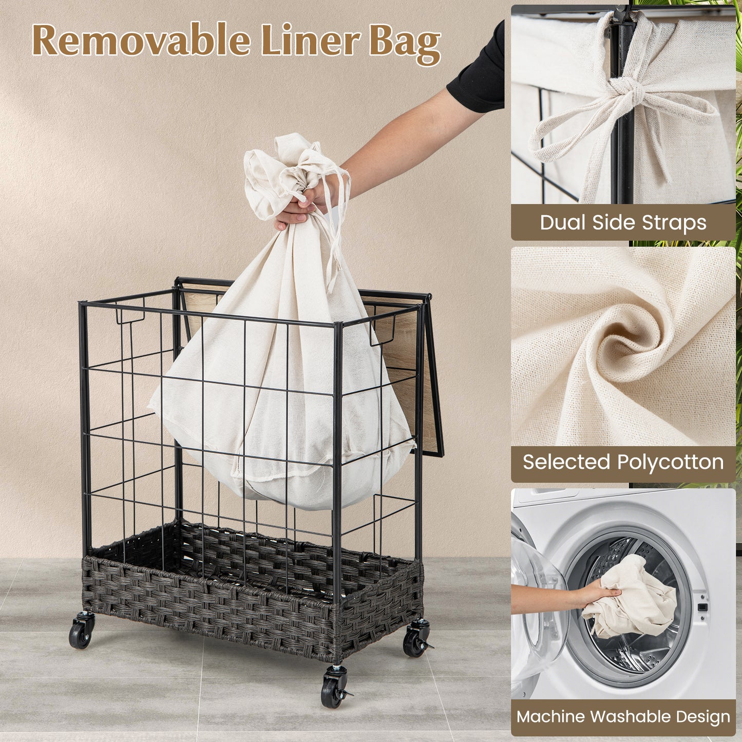 130L Handwoven Rattan Laundry Hamper with Lid and Lockable Wheels-Black