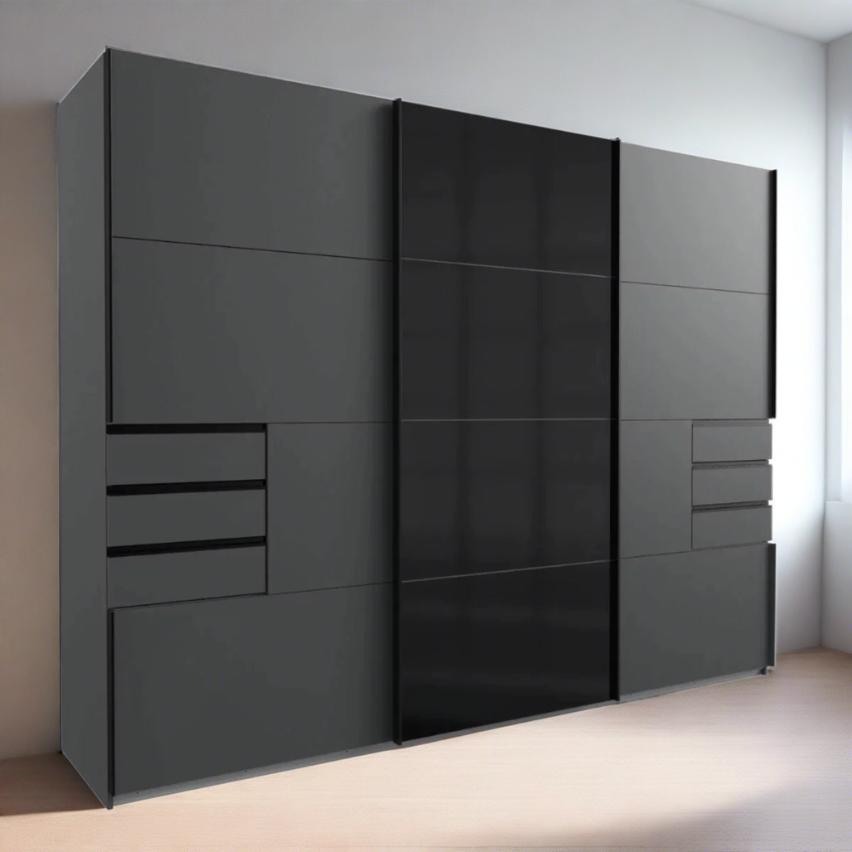 Senegal 3 Door Sliding Wardrobe with Mirror - Black