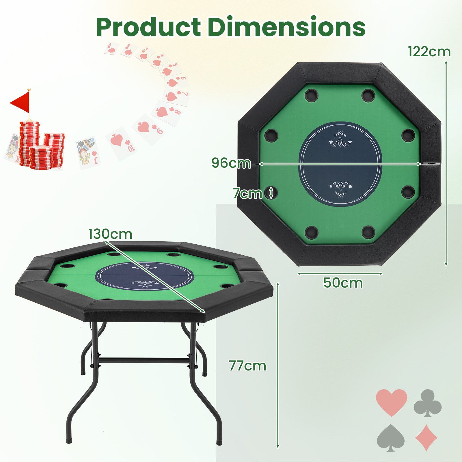 130 cm Foldable Poker Table with Padded Rails and Folding Legs for 8 Players-Green