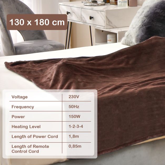130 x 180 cm Electric Heated Blanket with 4 Heating Levels-Coffee