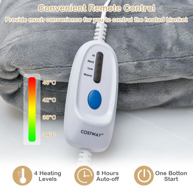 130 x 180 cm Electric Heated Blanket with 4 Heating Levels-Grey