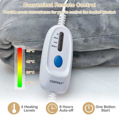 130 x 180 cm Electric Heated Blanket with 4 Heating Levels-Grey