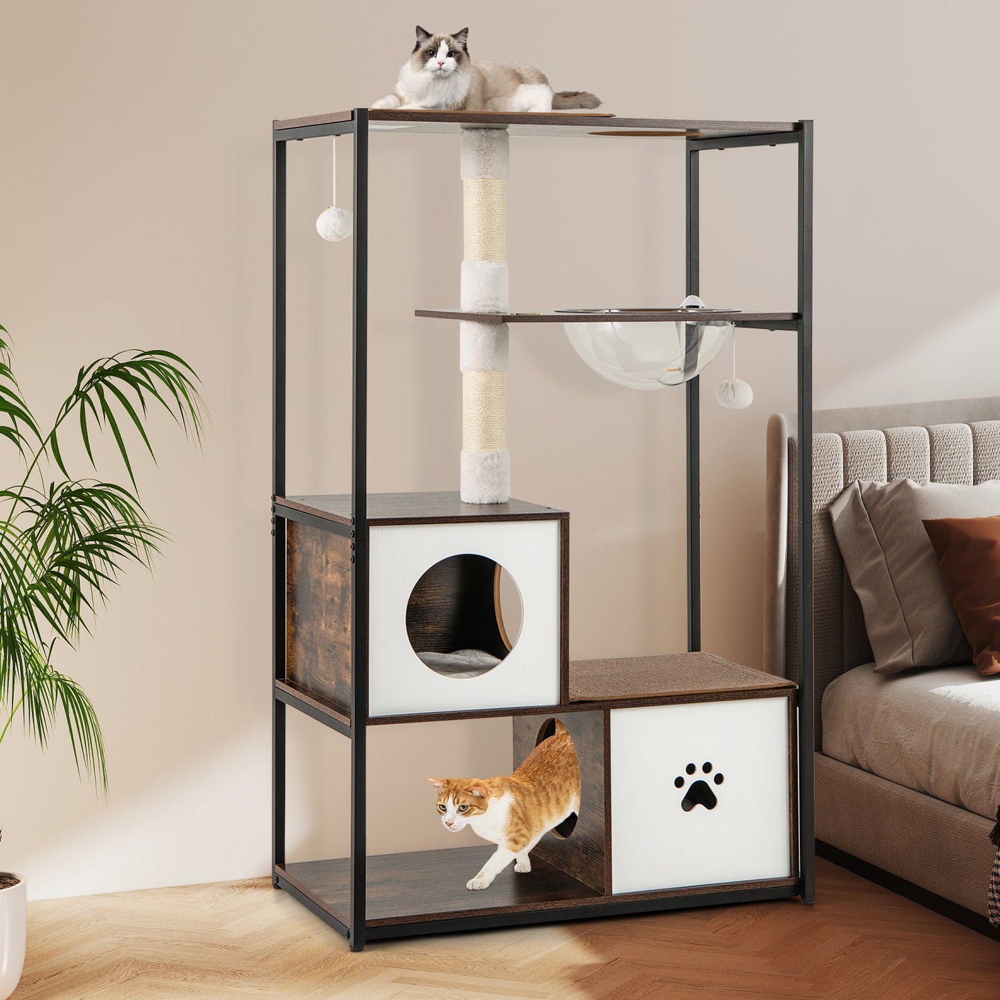 131CM Tall Wooden Cat Tree with Metal Frame Sisal Scratching Posts-Natural