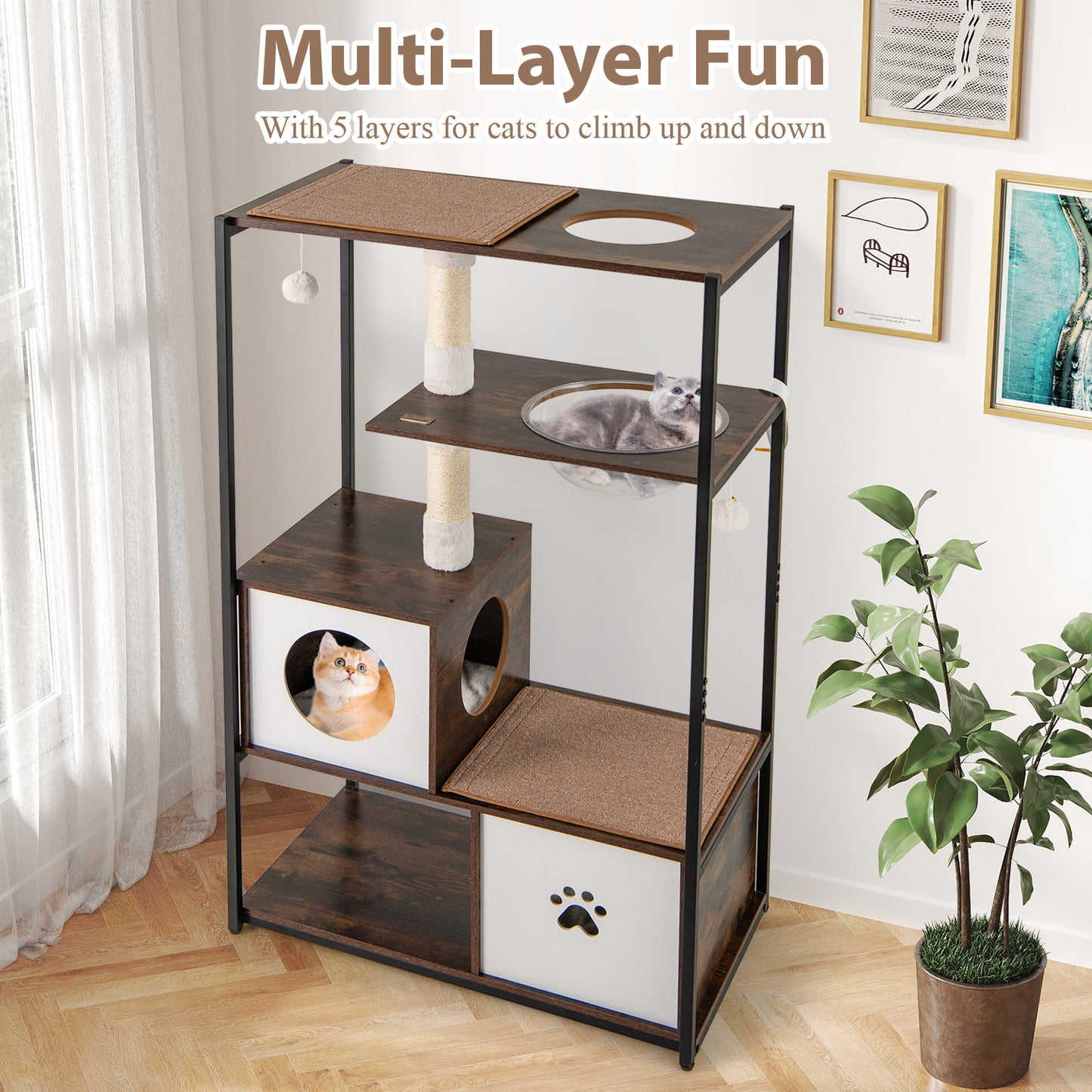 131CM Tall Wooden Cat Tree with Metal Frame Sisal Scratching Posts-Natural