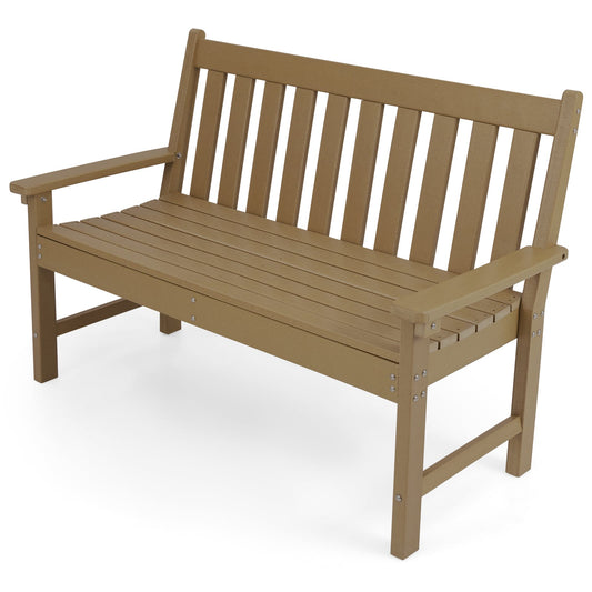 132 CM All-Weather HDPE Garden Bench with Backrest and Armrests-Brown