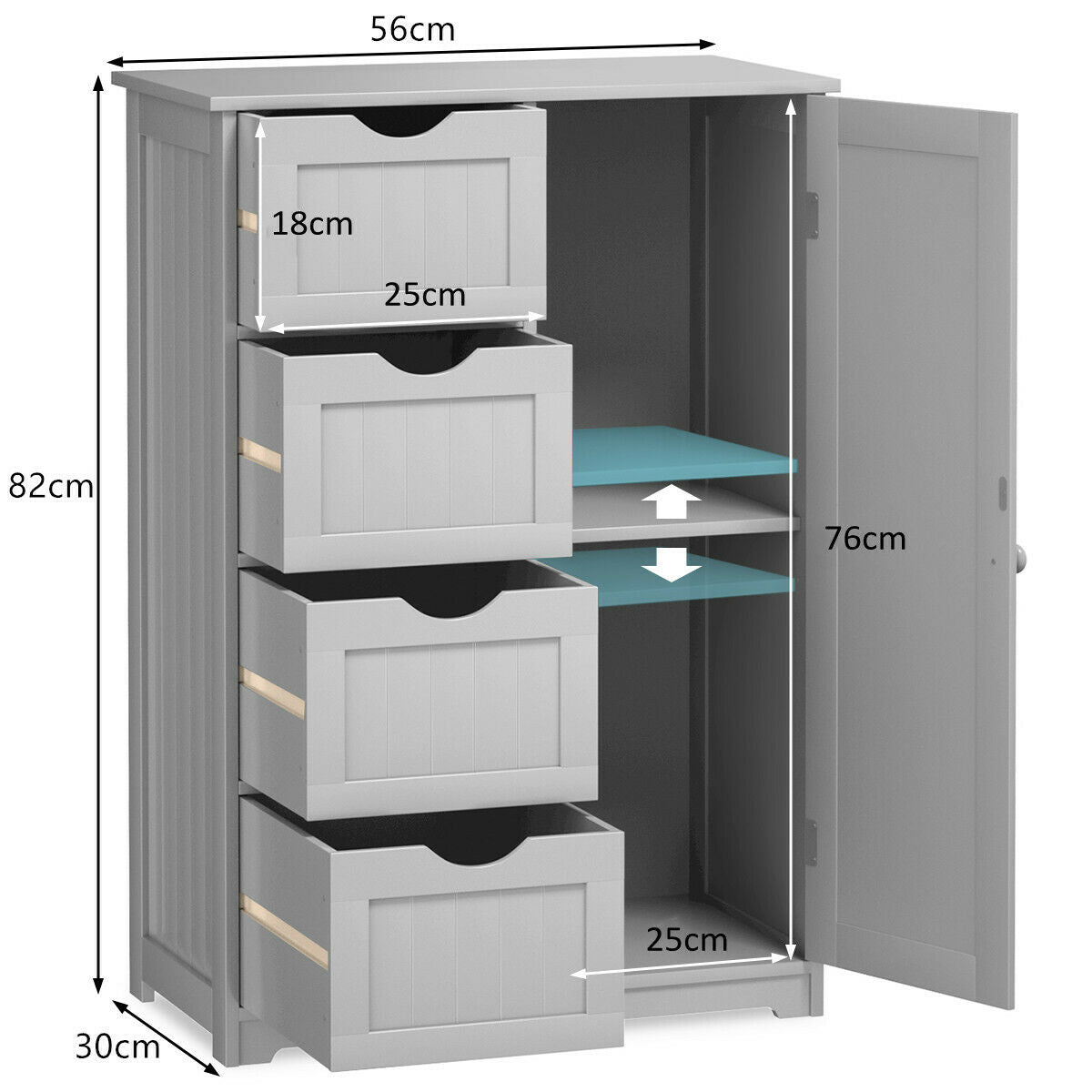 Freestanding Storage Cupboard with Adjustable Shelf and Drawers-Grey