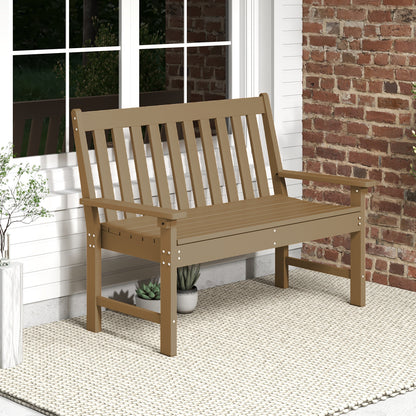 132 CM All-Weather HDPE Garden Bench with Backrest and Armrests-Brown