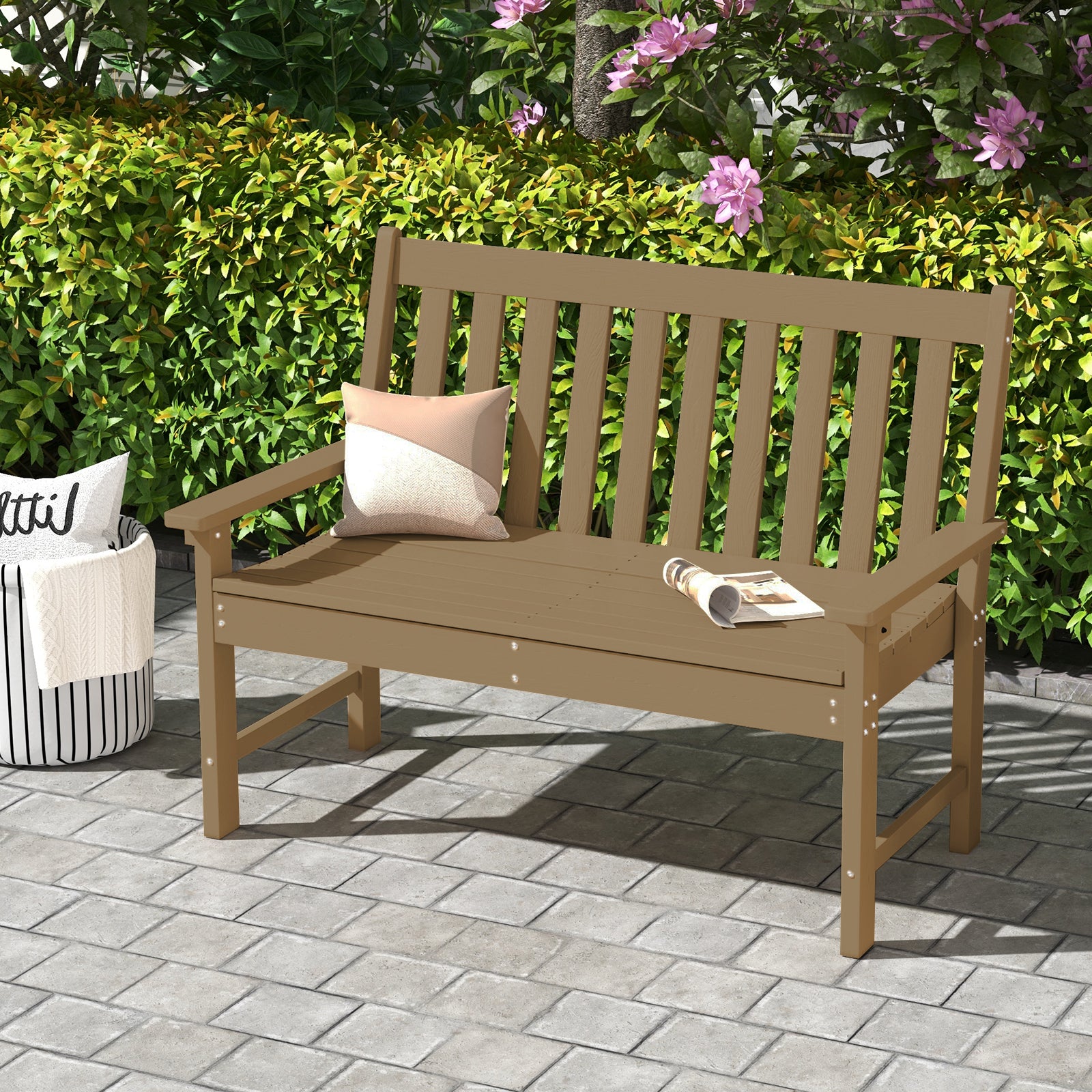 132 CM All-Weather HDPE Garden Bench with Backrest and Armrests-Brown