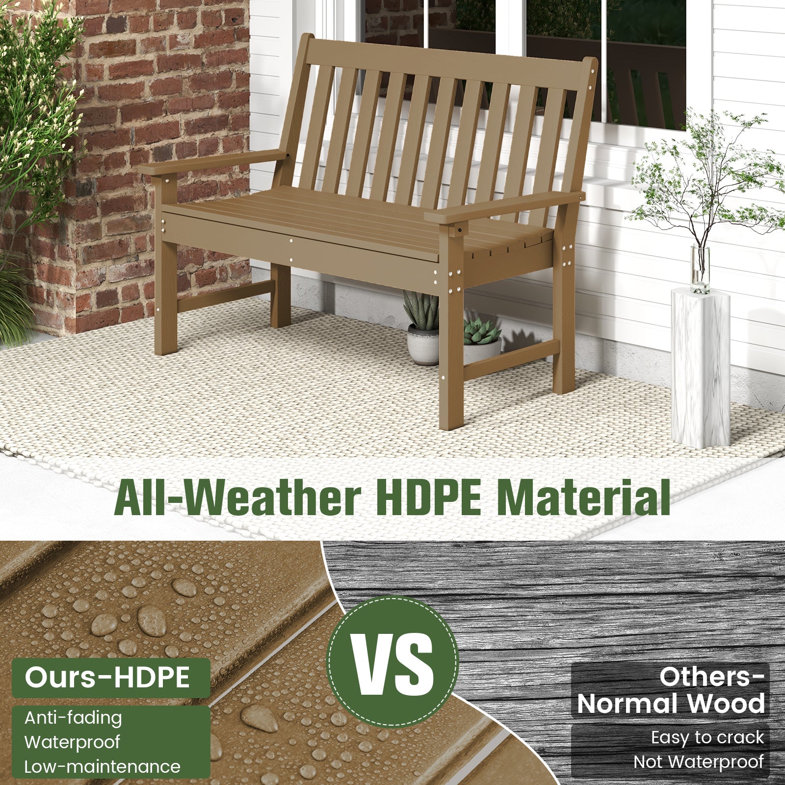 132 CM All-Weather HDPE Garden Bench with Backrest and Armrests-Brown