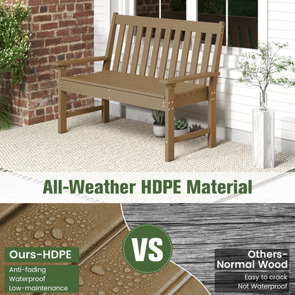 132 CM All-Weather HDPE Garden Bench with Backrest and Armrests-Brown