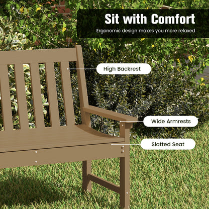 132 CM All-Weather HDPE Garden Bench with Backrest and Armrests-Brown