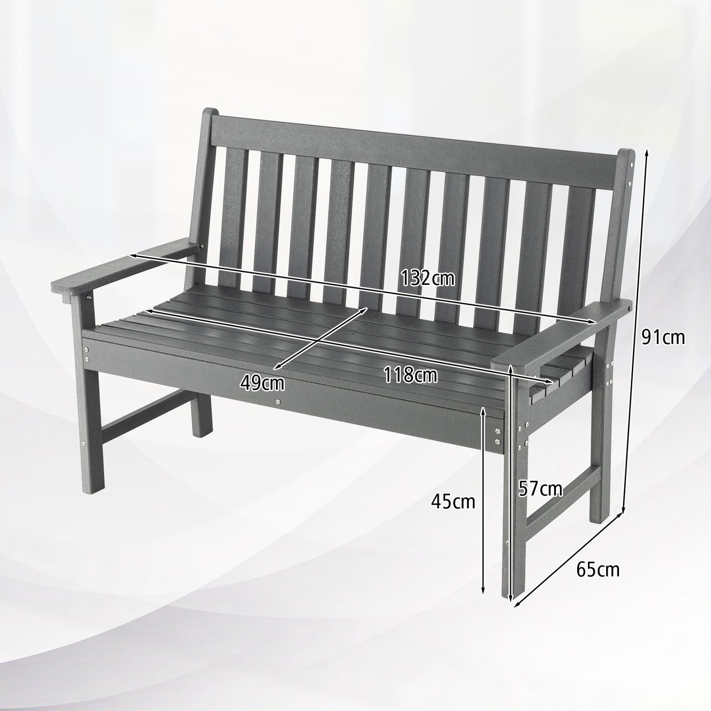 Ławka ogrodowa HDPE All-Weather 132 CM z oparciem i podłokietnikami - szara