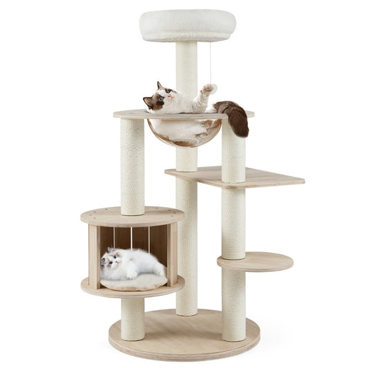 132cm Tall Wooden Cat Tree Solid Plywood Kitten Tower with Space Capsule