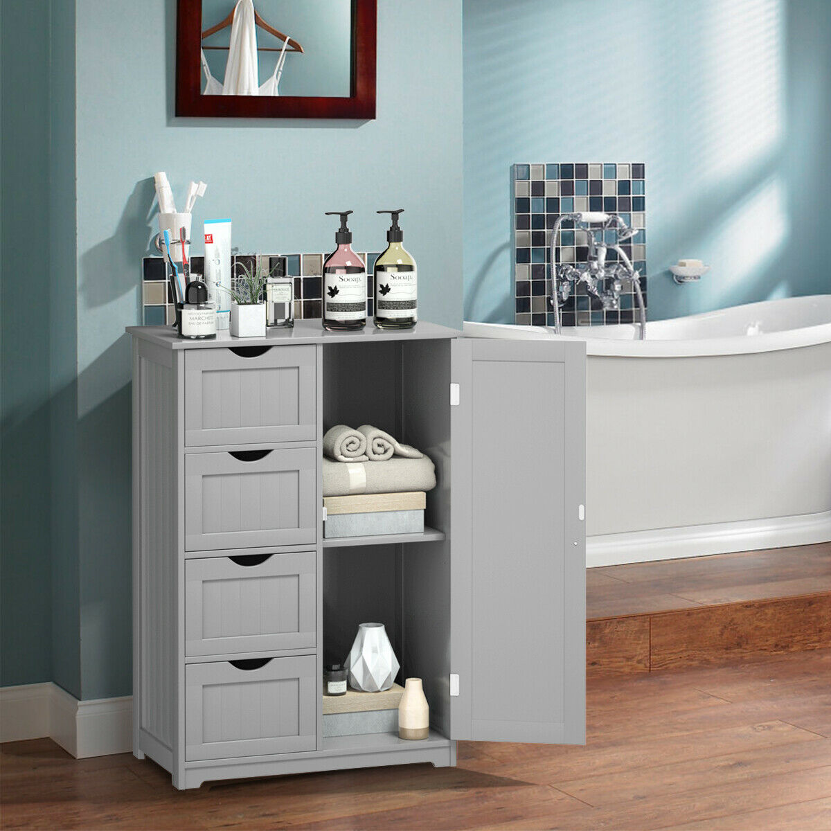 Freestanding Storage Cupboard with Adjustable Shelf and Drawers-Grey