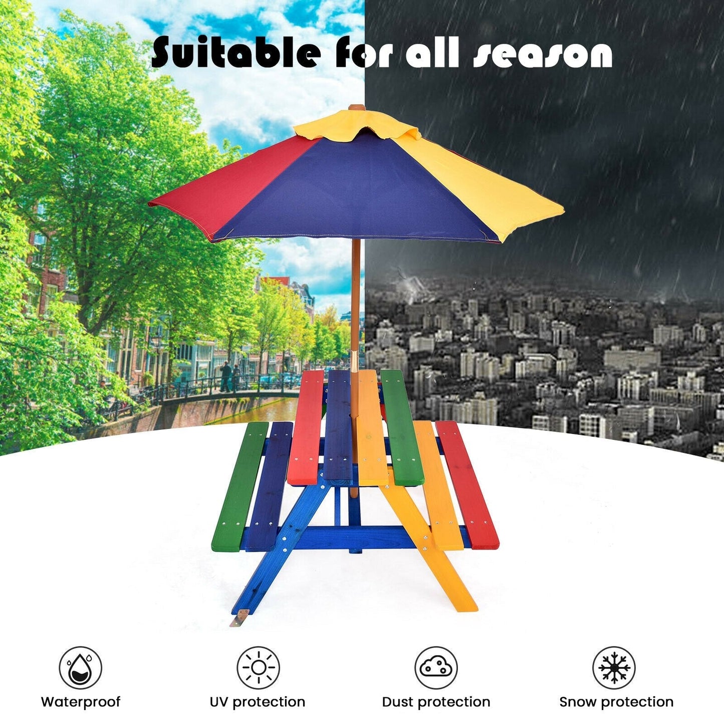 Children's Wooden Picnic Bench with Parasol