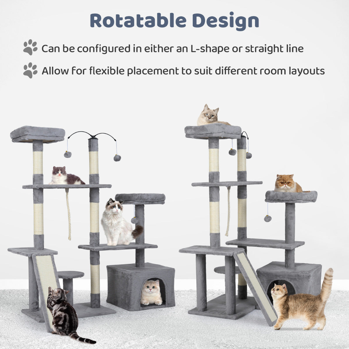 136 CM Tall Cat Tree Tower with Sisal Scratching Posts-Light Grey