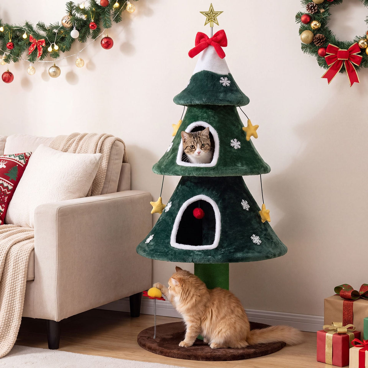 137.5 cm Christmas Cat Tree with 2 Private Condos for Indoor Cats-Green