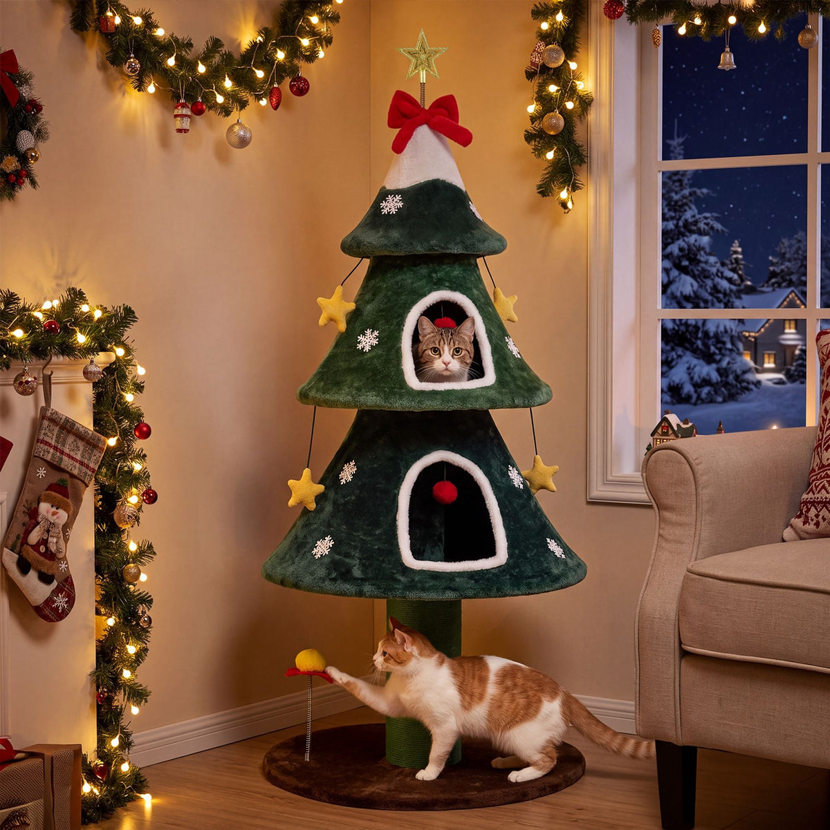 137.5 cm Christmas Cat Tree with 2 Private Condos for Indoor Cats-Green