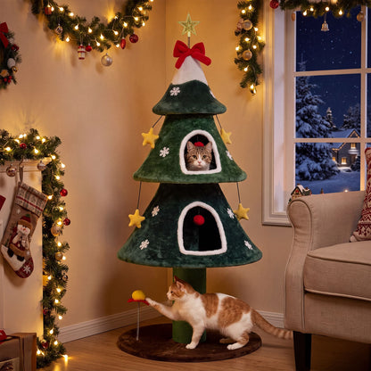 137.5 cm Christmas Cat Tree with 2 Private Condos for Indoor Cats-Green