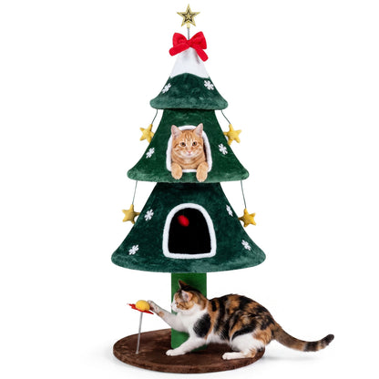 137.5 cm Christmas Cat Tree with 2 Private Condos for Indoor Cats-Green