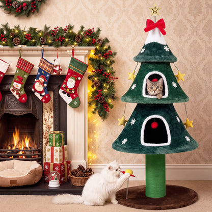137.5 cm Christmas Cat Tree with 2 Private Condos for Indoor Cats-Green