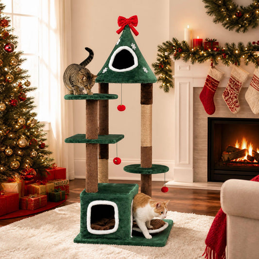 137 cm Christmas Cat Tree with 2 Condos & Removable Cushion-Green